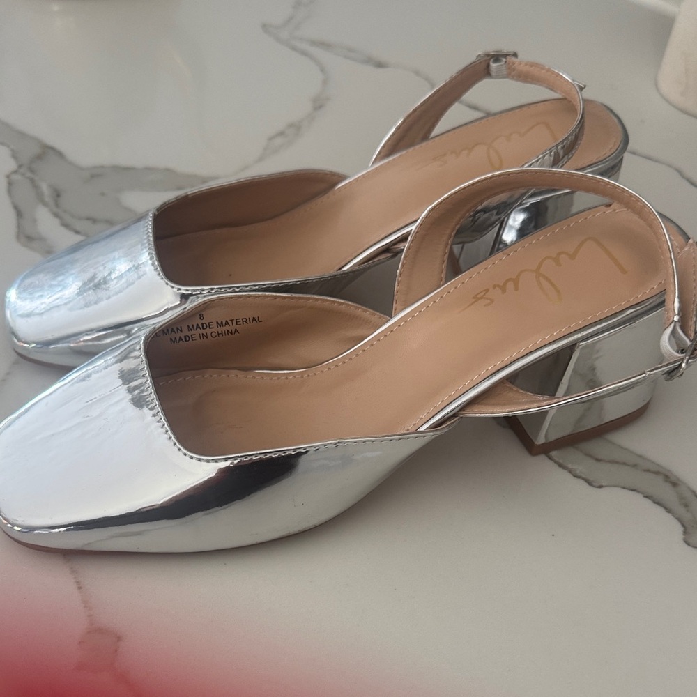 Lulu's Silver Block Heel Slingback Shoes - Picture 3 of 5